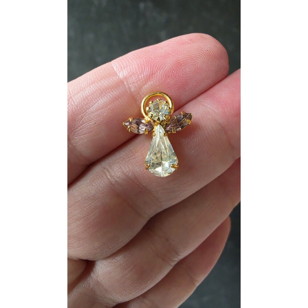 Clear And Pink Rhinestone Angel Gold Tone Metal Pin Vintage Costume Jewelry